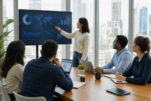 A diverse team collaborates in a bright office, brainstorming customer strategies with digital analytics on display, embodyin