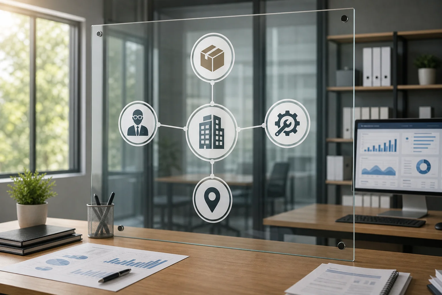 A bright office with a glass board showcasing a flowchart of interconnected entities, emphasizing clarity and organization.