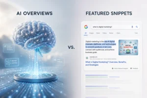 Split-screen image: left shows an abstract AI brain in soft light; right features a clean search results page with highlighte