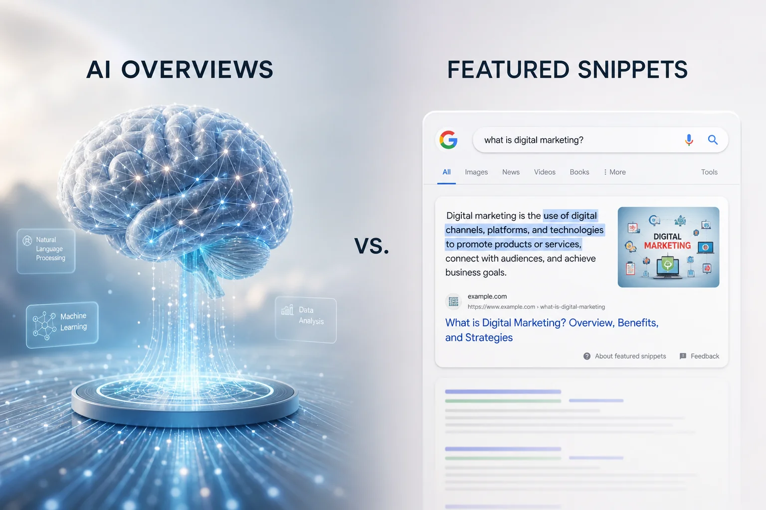 Split-screen image: left shows an abstract AI brain in soft light; right features a clean search results page with highlighte