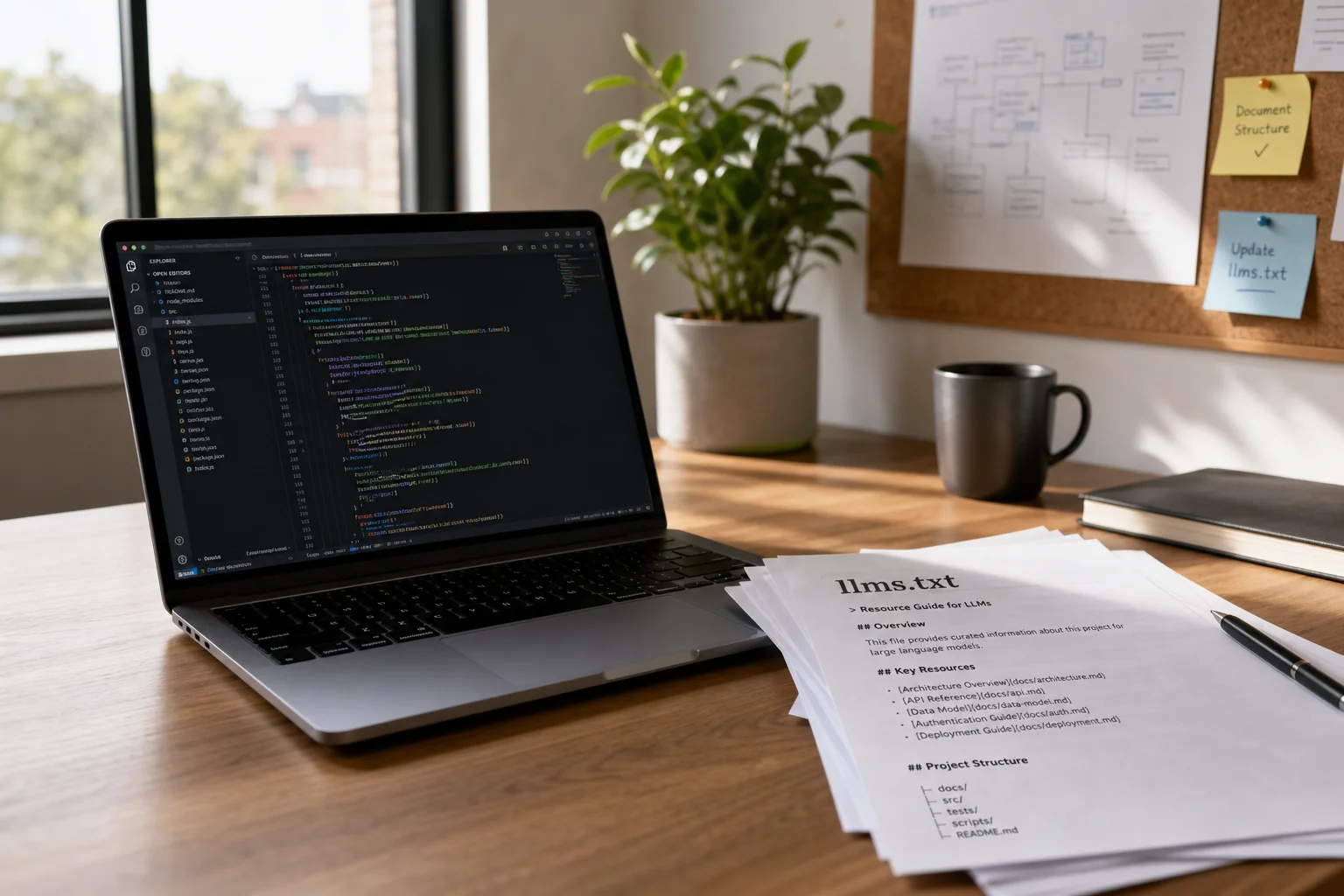 A modern office workspace with a laptop showing code, documents, and a potted plant, illuminated by natural light.