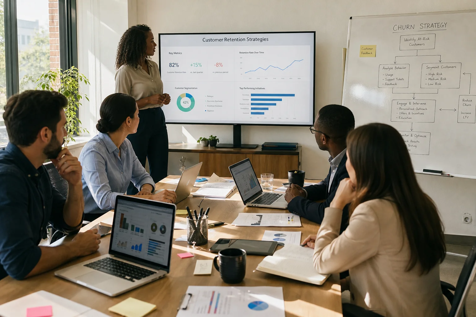 A diverse team collaborates in a bright office, analyzing data on screens and brainstorming strategies at a large conference
