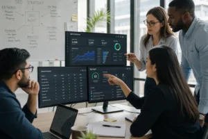 A diverse team of SEO specialists collaborates in a bright office, analyzing data on screens with graphs and keywords.