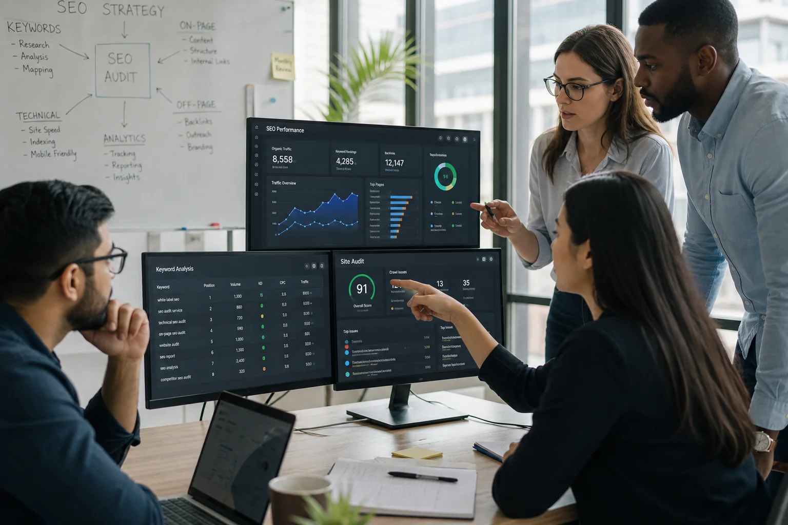 A diverse team of SEO specialists collaborates in a bright office, analyzing data on screens with graphs and keywords.