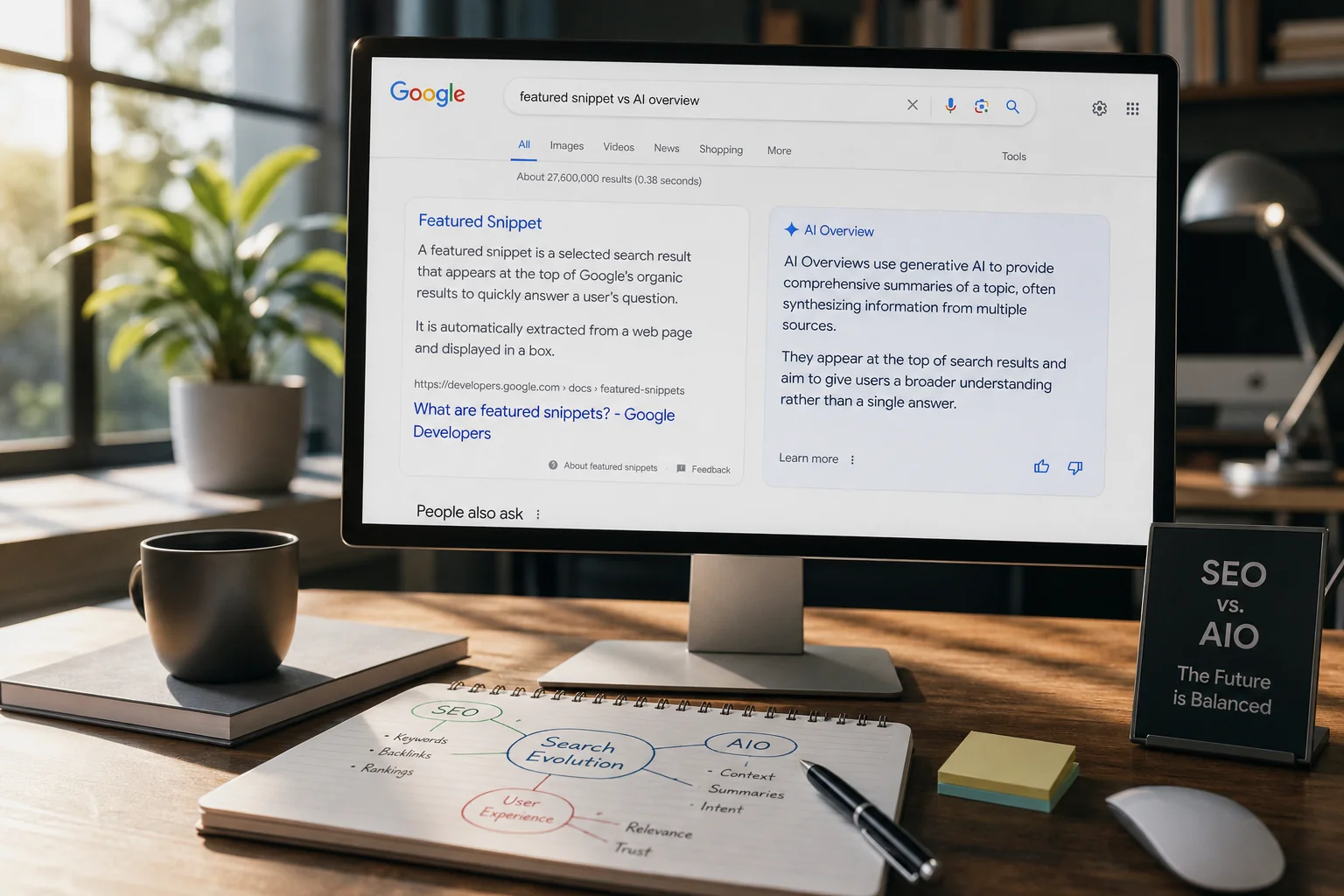 A serene office scene with a modern workspace, showcasing a computer displaying Google search and AI overview side by side.