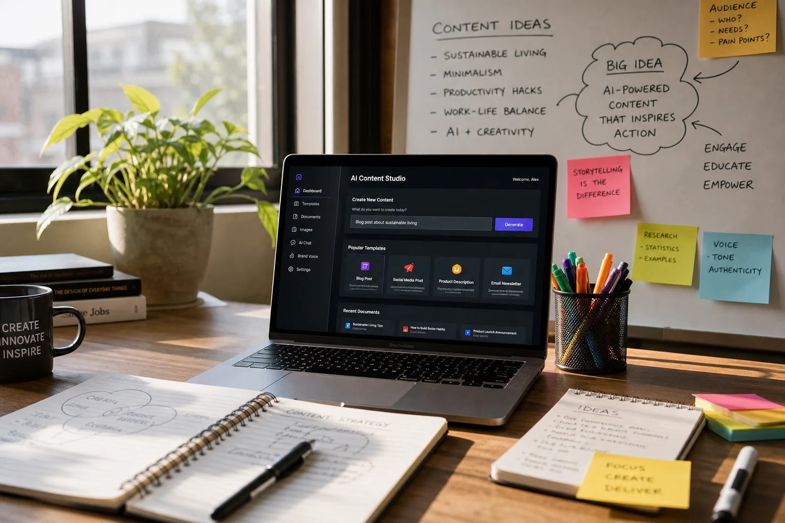 A modern workspace with a sleek laptop, creative tools, and a brainstorming whiteboard, illuminated by natural light and gree