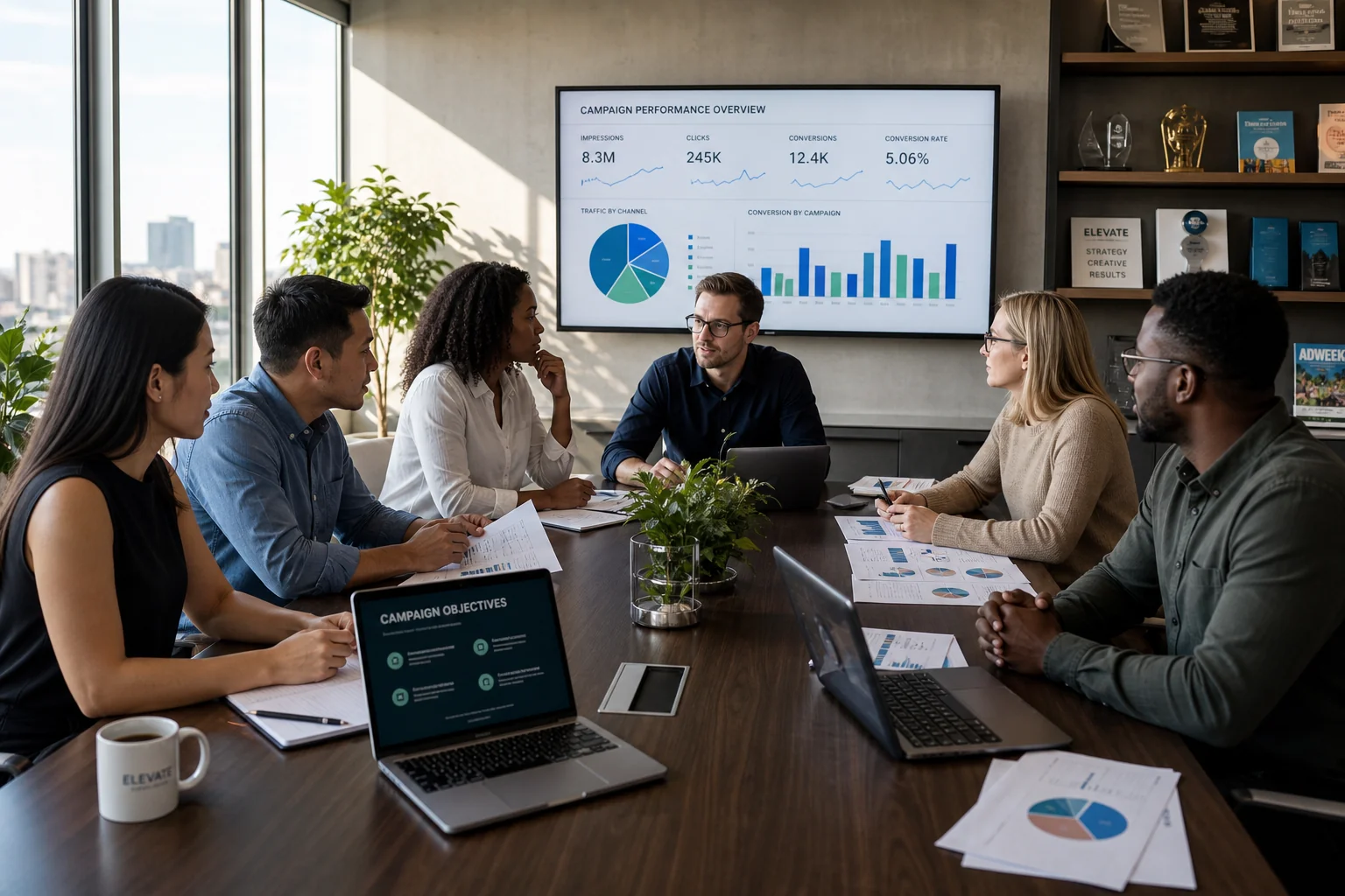 A diverse team collaborates in a bright conference room, analyzing reports and metrics during a quality control meeting.