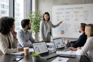 Diverse business team collaborates in a modern conference room, discussing strategies with enthusiasm and focus.