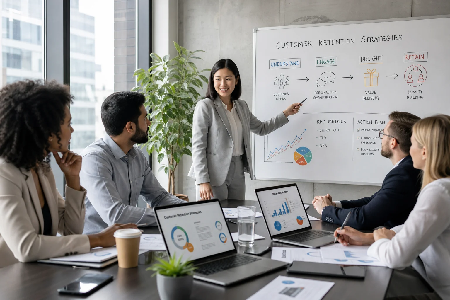 Diverse business team collaborates in a modern conference room, discussing strategies with enthusiasm and focus.