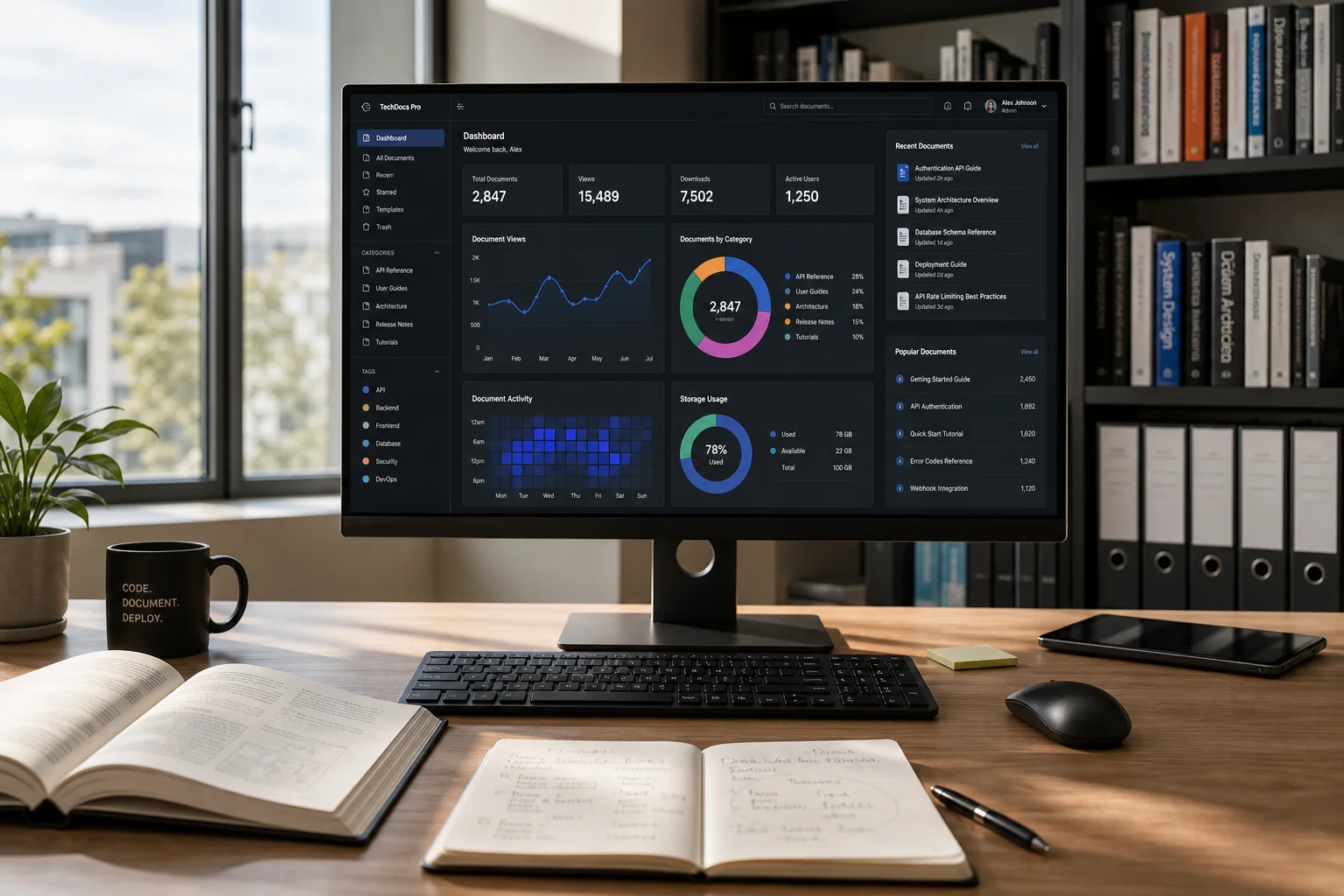 A sleek office workspace with a large monitor displaying analytics, open books, and natural light, exuding innovation and eff