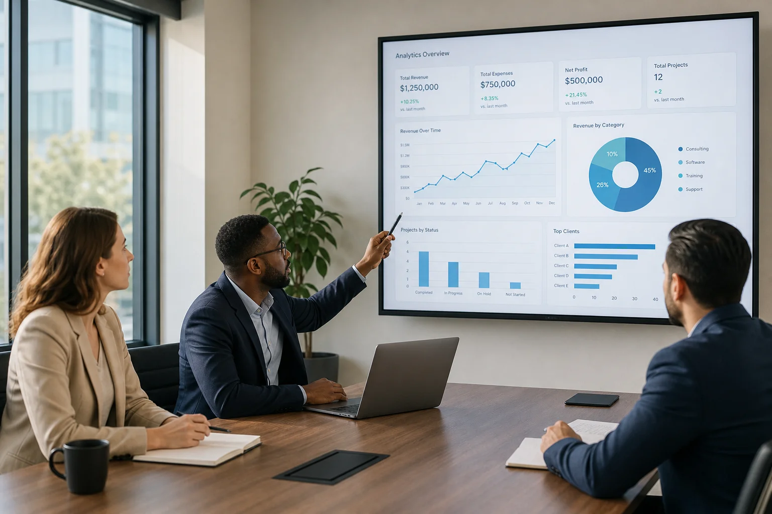 A diverse team discusses data metrics at a modern conference table, illuminated by natural light in a professional office.