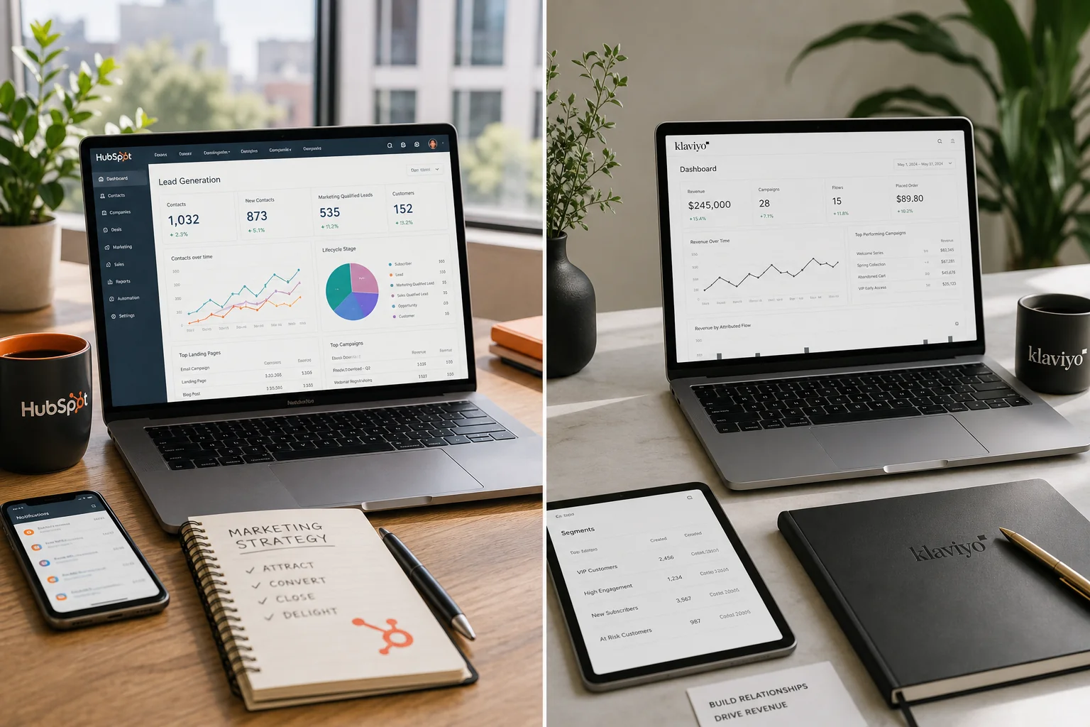 A split-screen image of two workspaces: HubSpot's vibrant analytics desk and Klaviyo's minimalist email campaign setup, both