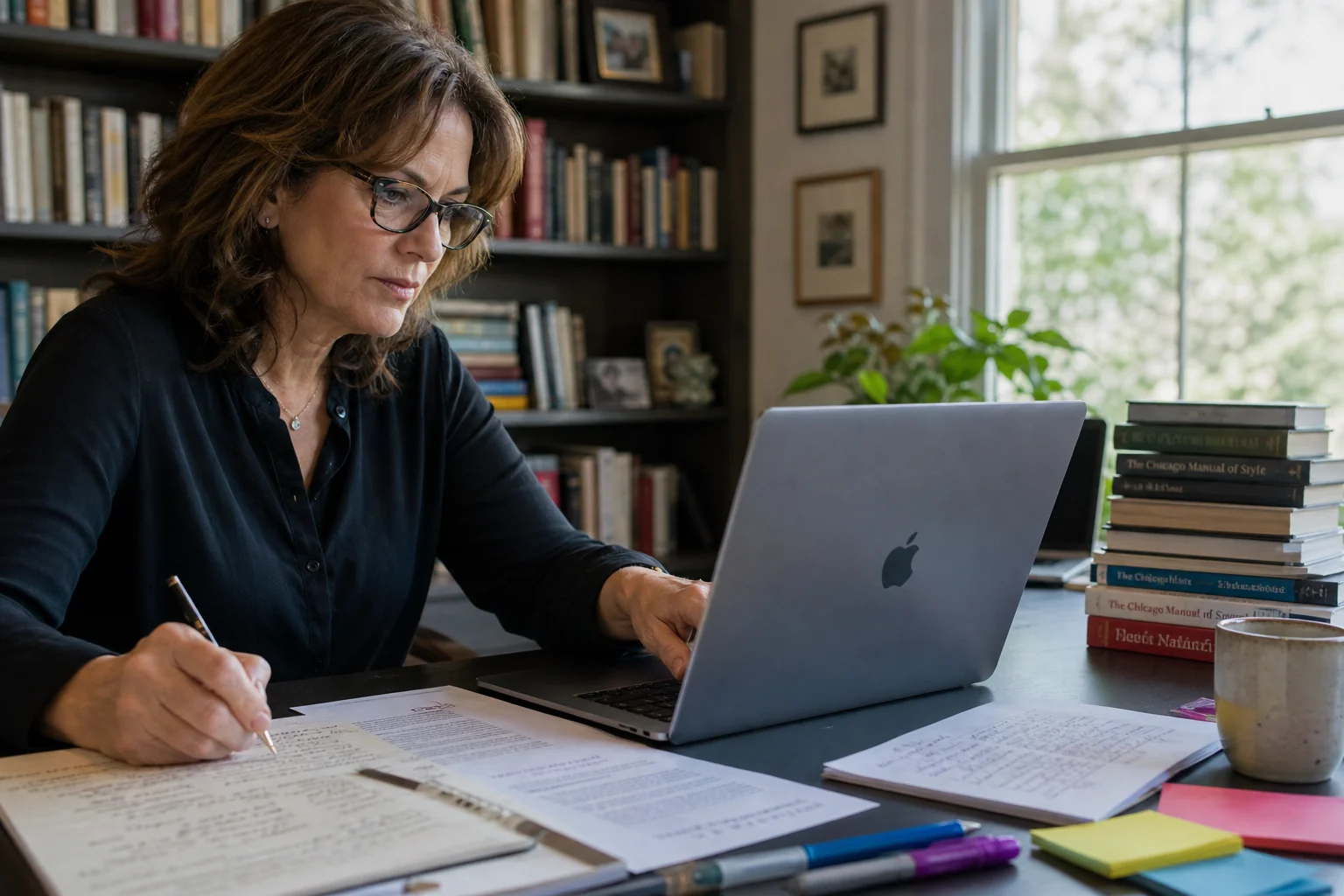 A focused editor reviews a manuscript at a modern desk, surrounded by notes and books, illuminated by warm natural light.