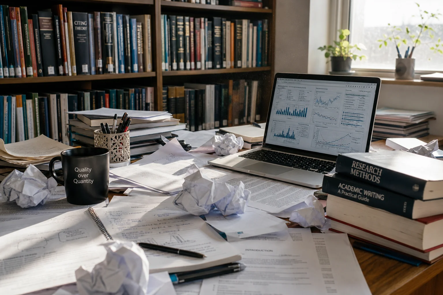 Cluttered desk with scattered papers, books, and a laptop; sunlight highlights chaos, contrasting with an organized bookshelf