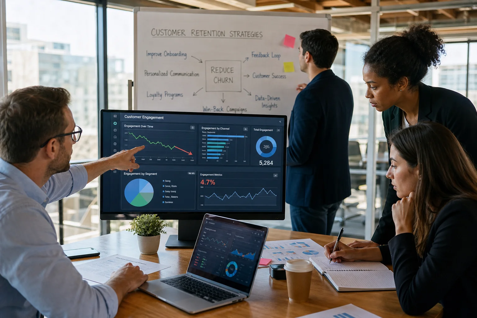 Diverse business professionals analyze data on screens in a modern office, focused on customer engagement metrics and strateg