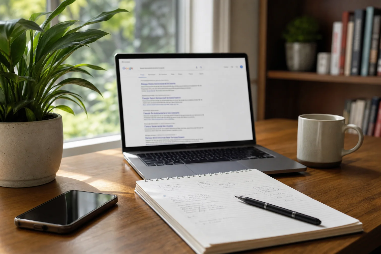 A serene office workspace with a wooden desk, open laptop, notepad, smartphone, coffee mug, and a potted plant, bathed in nat