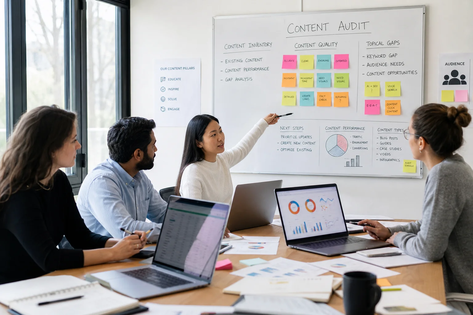 A diverse team collaborates in a bright, modern office, analyzing content metrics on laptops and discussing strategies with s