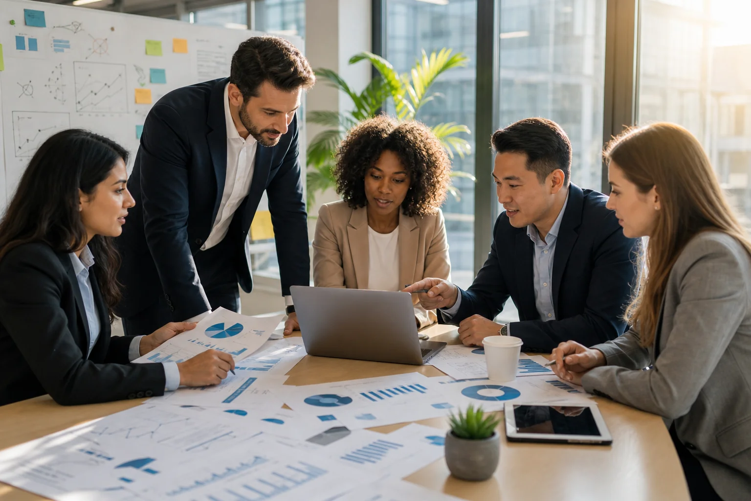 A diverse team of professionals collaborates around a table, analyzing charts and graphs in a bright, modern office setting.