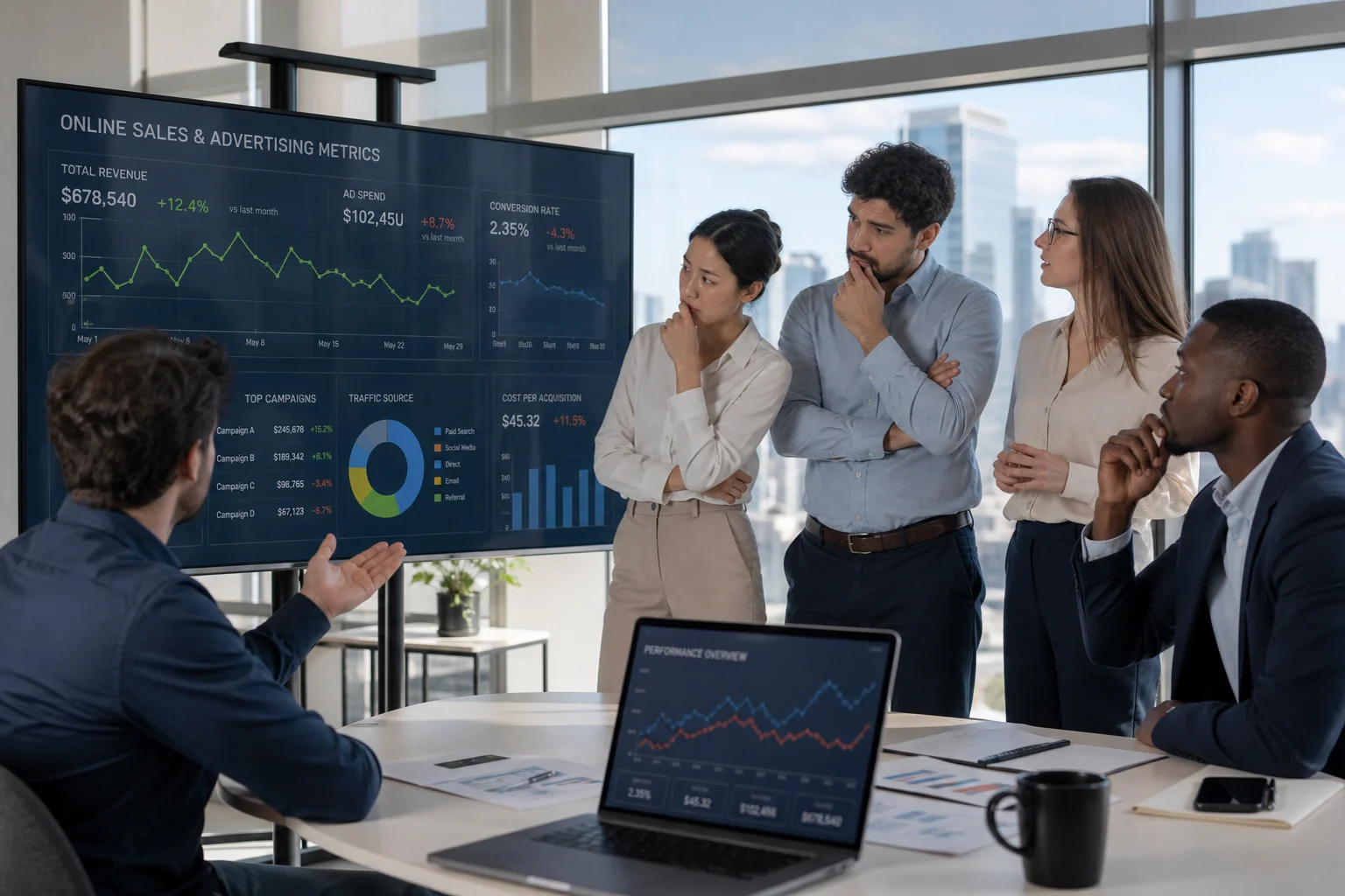 A diverse team collaborates in a modern office, analyzing sales metrics on a screen, reflecting mixed emotions of excitement