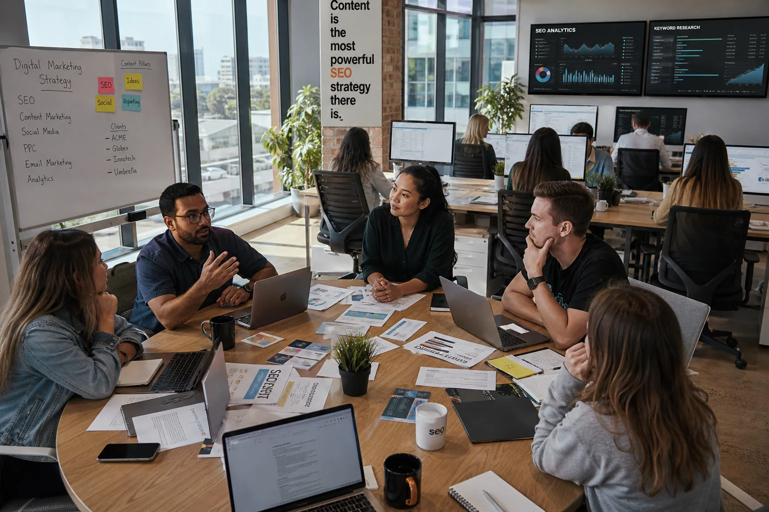 A vibrant digital agency office bustling with a diverse team brainstorming and writers focused on content creation under natu