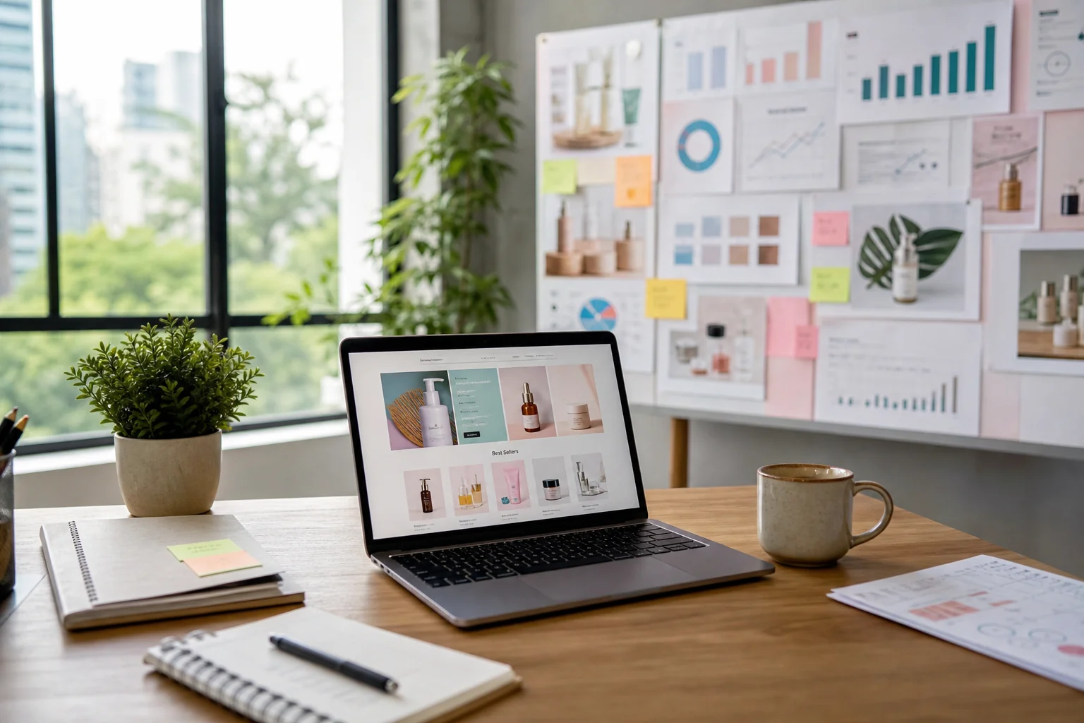 A modern e-commerce office with a sleek desk, laptop, mood boards, and greenery, radiating innovation in skincare retail.