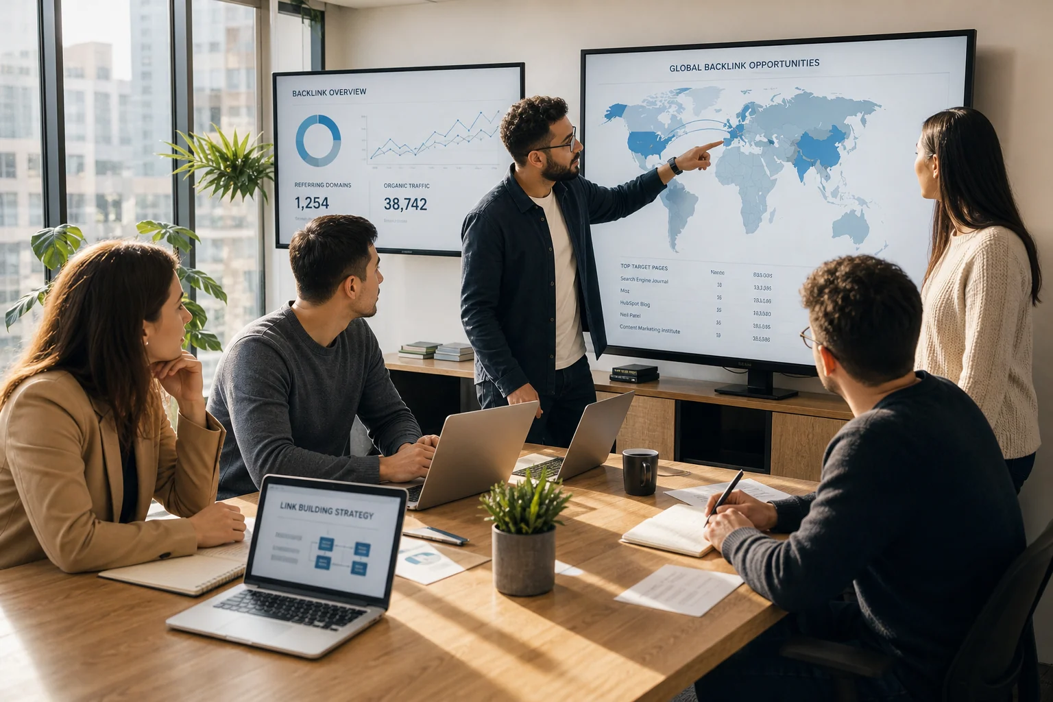 A diverse team of digital marketers collaborates around a table, analyzing data and discussing strategies in a bright, modern
