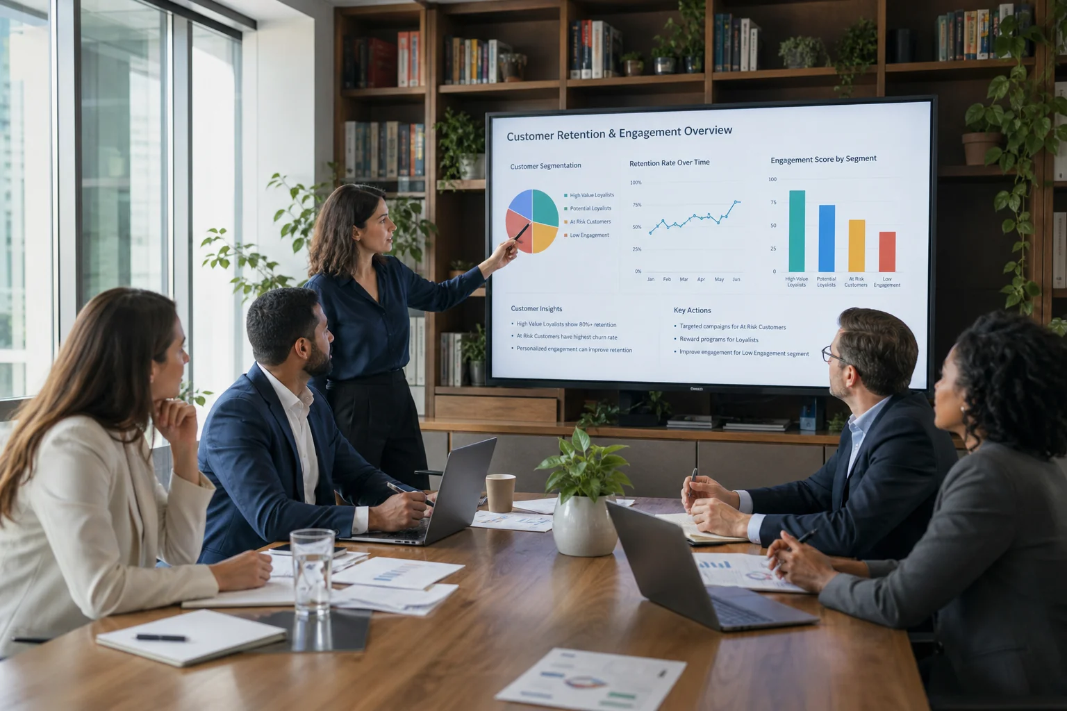 Diverse professionals collaborate around a conference table, discussing data insights on a screen, illuminated by natural lig