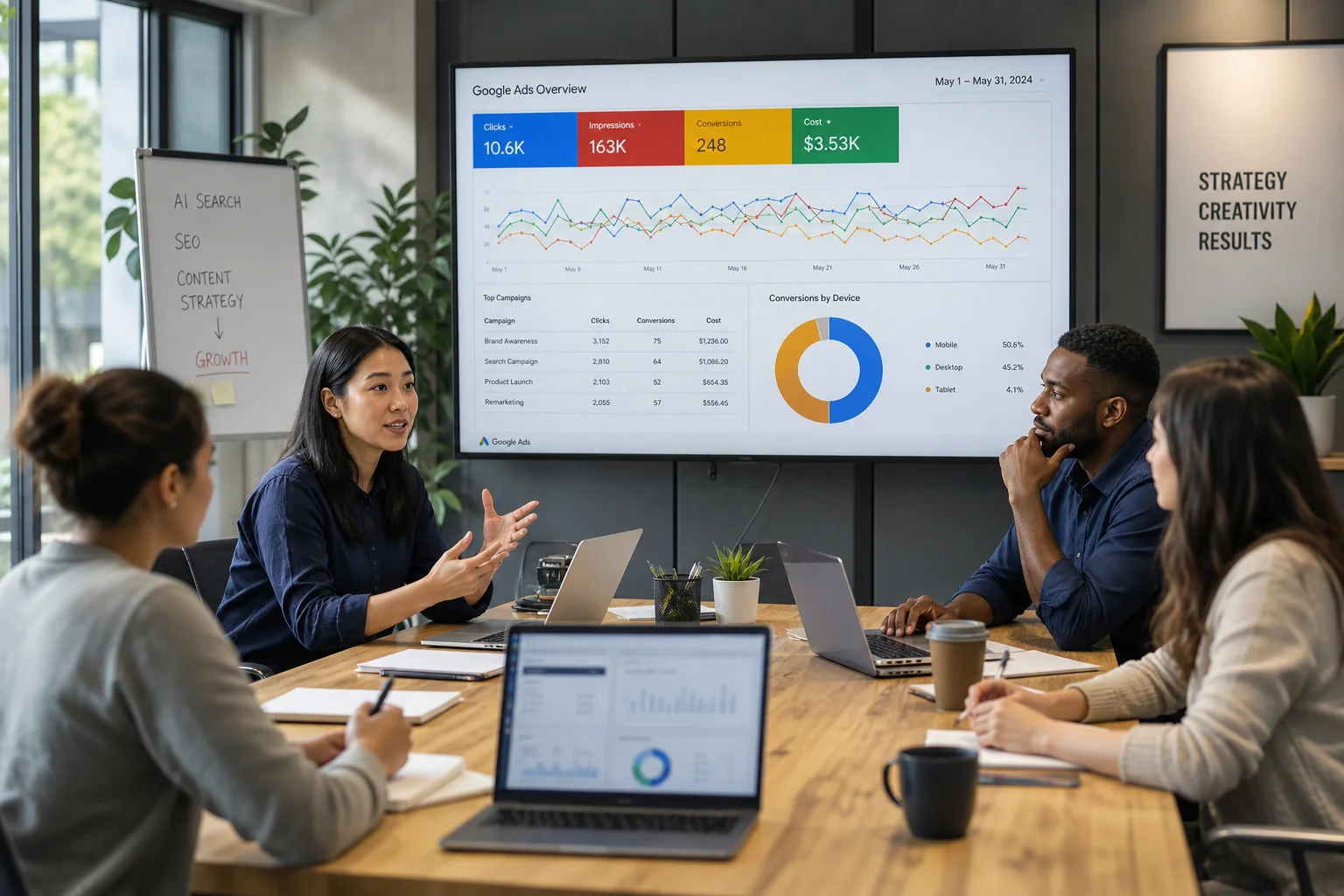 Diverse professionals brainstorm in a modern office, laptops open to analytics, with a vibrant Google Ads presentation in the
