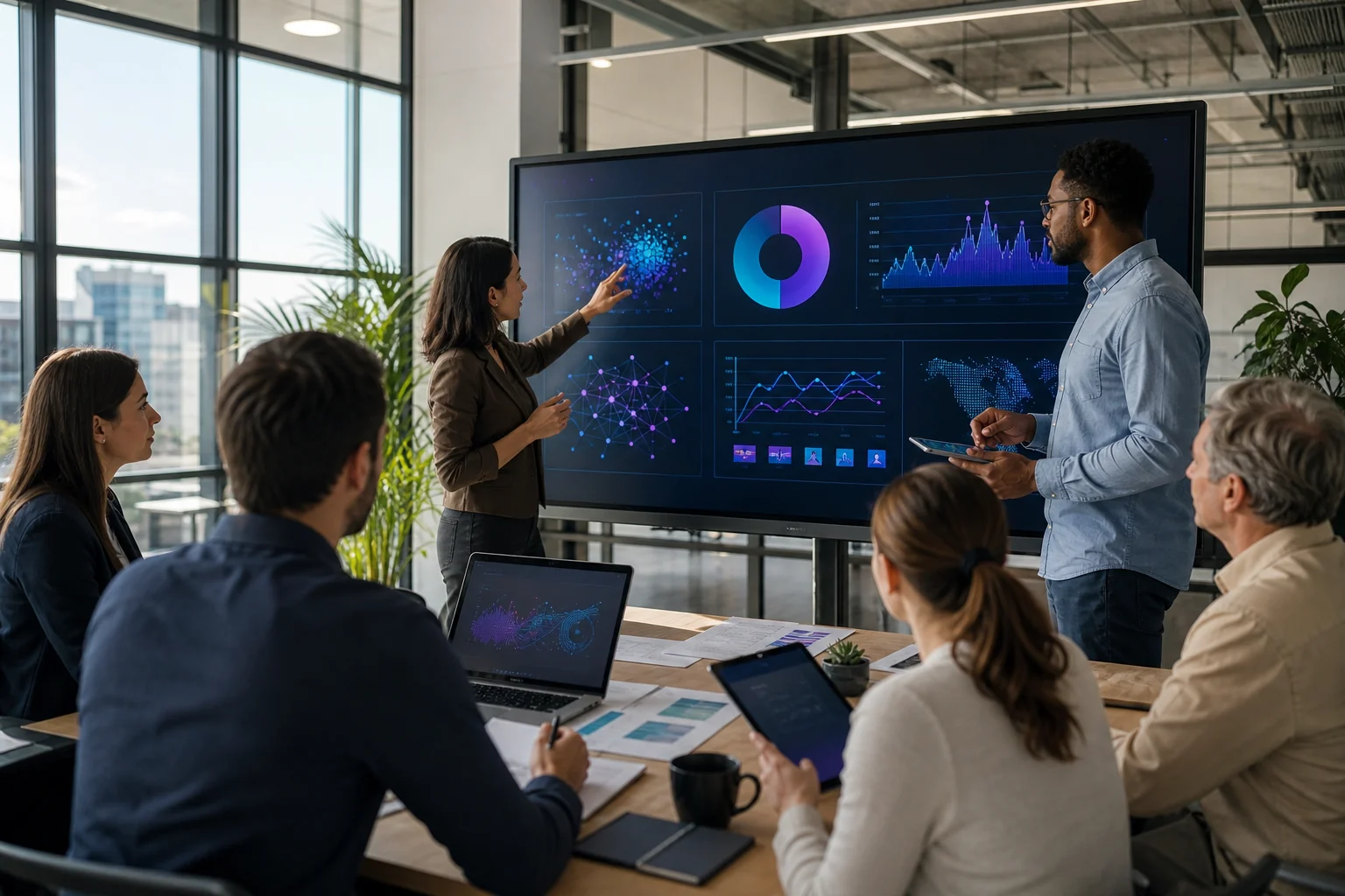 Diverse professionals collaborate in a bright office, brainstorming around a digital screen showcasing AI-driven marketing da