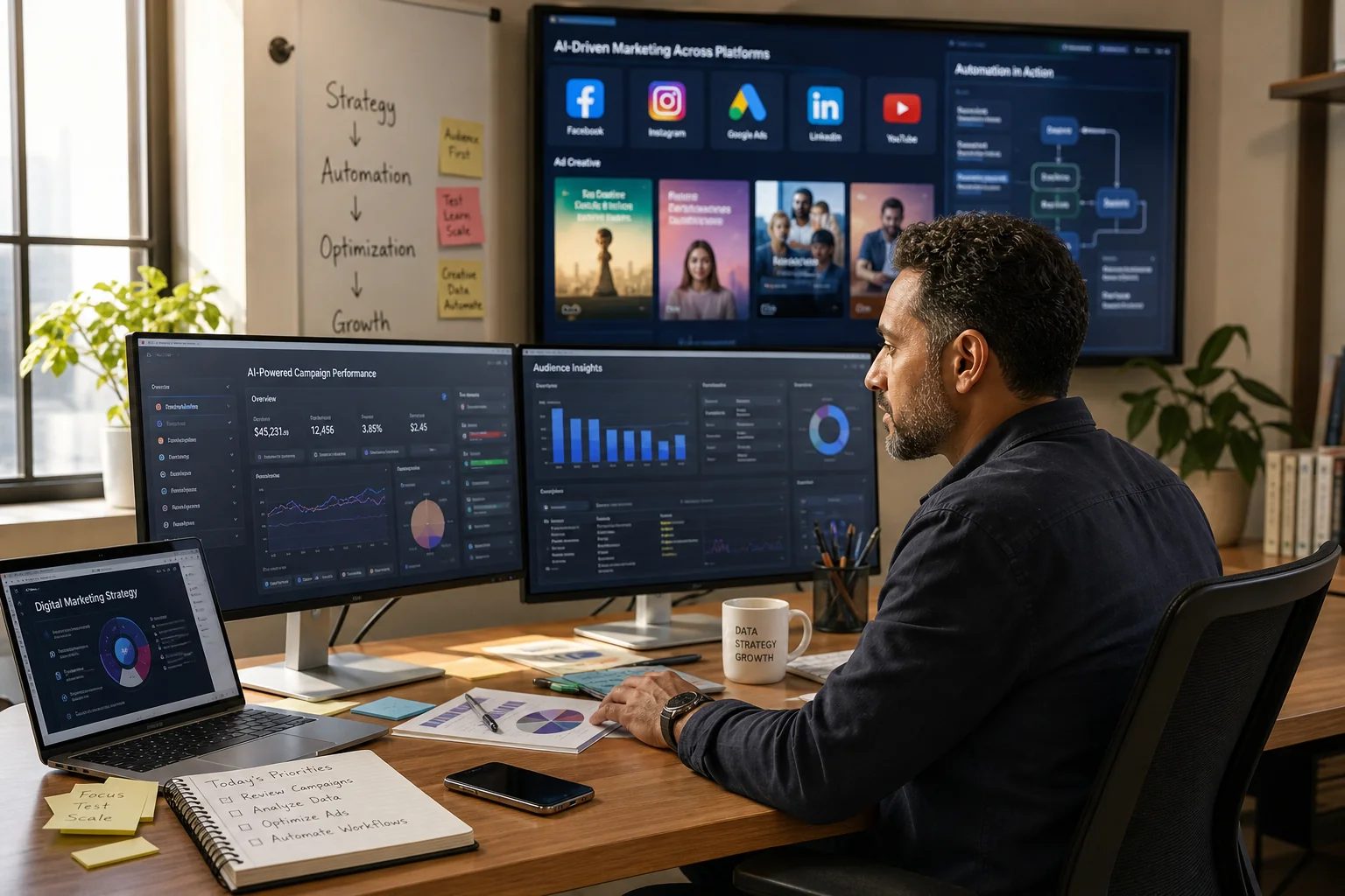 A focused digital marketing strategist analyzes data on multiple screens in a modern office, blending human insight with tech