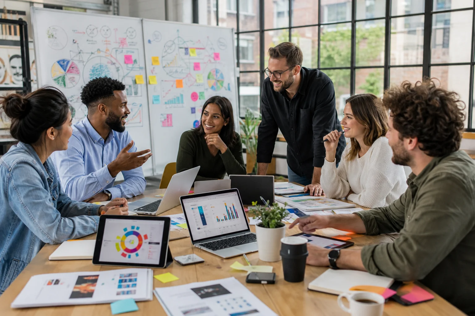 Diverse professionals collaborate in a bright office, discussing marketing strategies with laptops and colorful diagrams on a