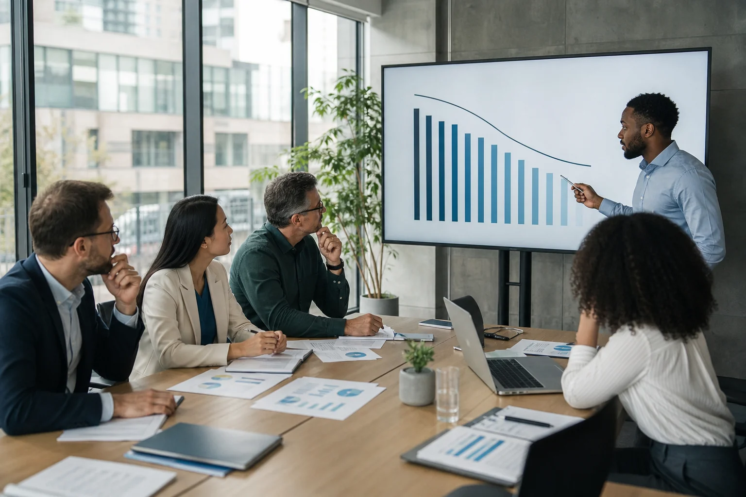 A diverse team in a modern office discusses customer retention, focused and concerned, with charts and laptops on the table.