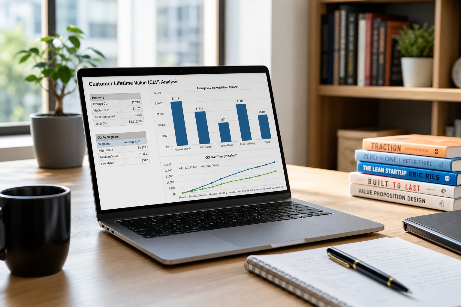 A modern office workspace with a laptop displaying customer metrics, organized desk items, and natural light, exuding product