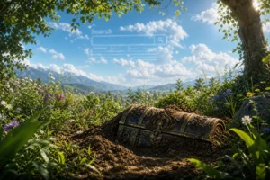 A serene landscape with a hidden treasure chest, vibrant greenery, and a subtle search engine silhouette in the clouds.