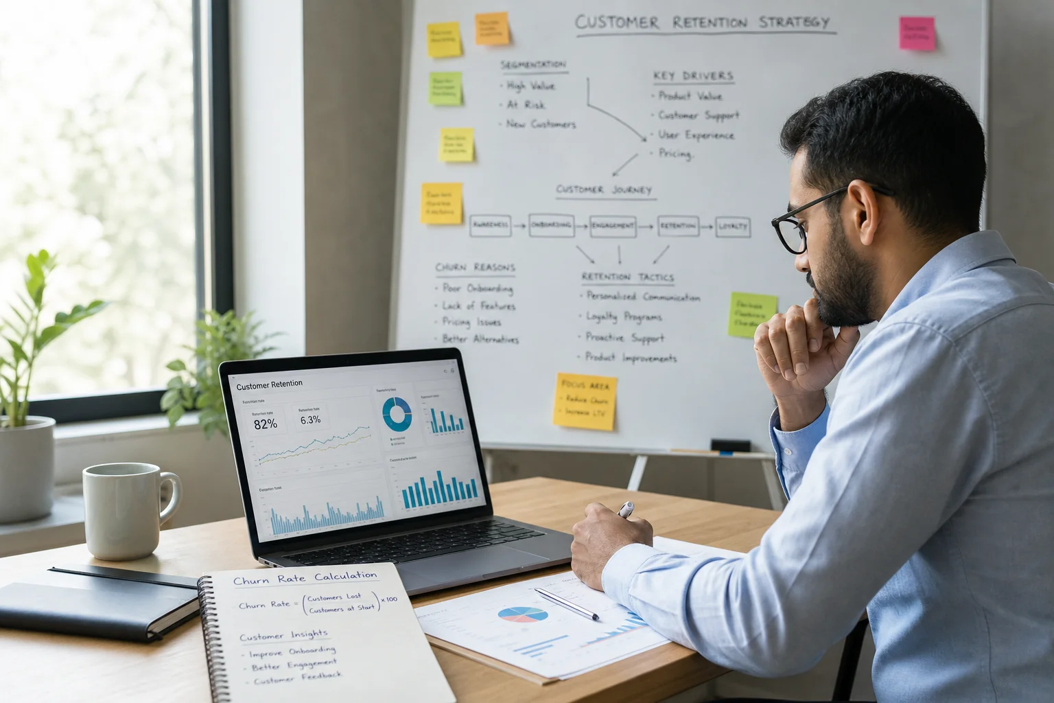 A business analyst reviews customer data in a bright, modern office, surrounded by charts, notes, and strategic insights.