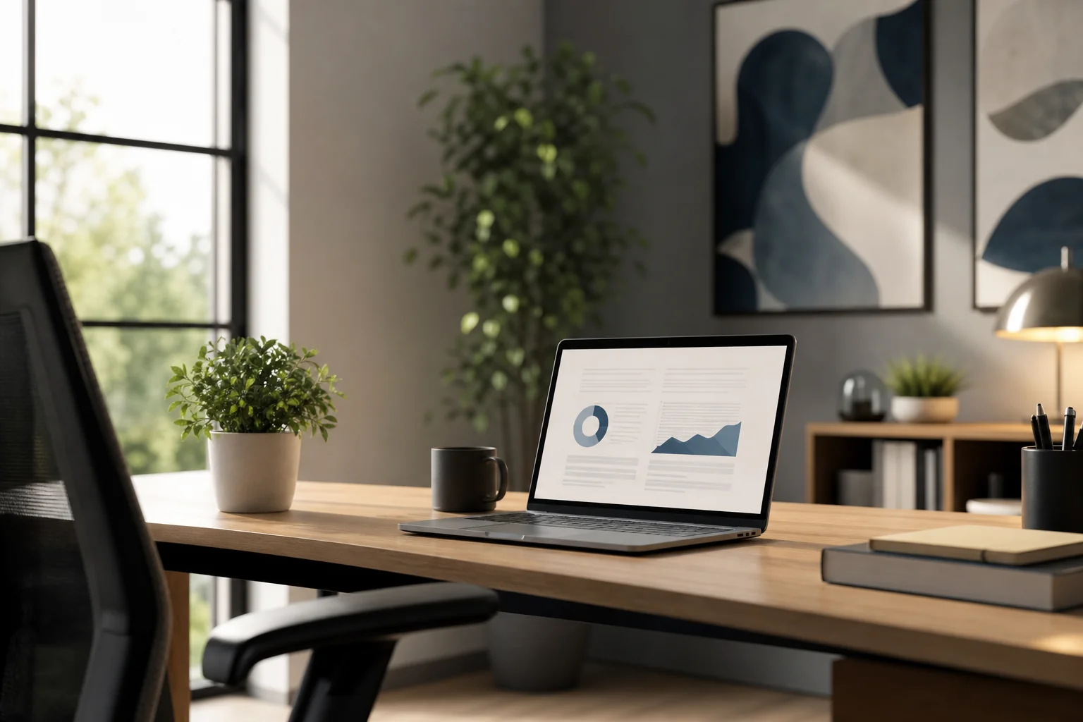 A serene, modern office with a sleek desk, laptop, potted plant, and abstract art, radiating professionalism and clarity.
