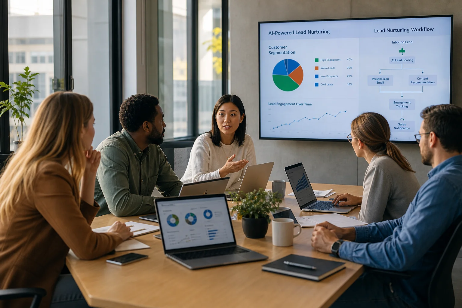 Diverse professionals collaborate in a modern office, discussing analytics at a conference table with digital devices and war