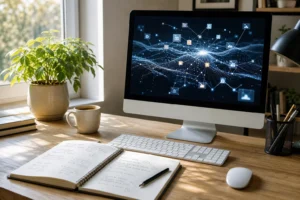 A modern workspace with a sleek computer, abstract AI visuals, handwritten notes, a plant, and a coffee cup, bathed in natura