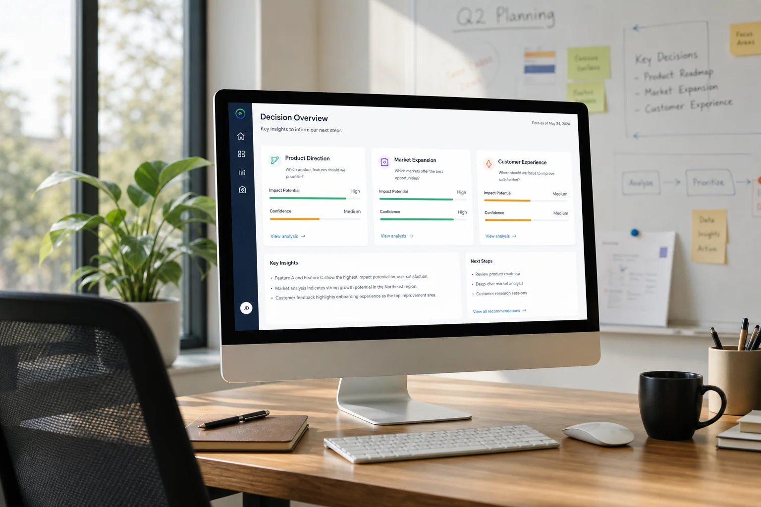 Modern office with a sleek computer displaying a clear dashboard, natural light, and a collaborative whiteboard in the backgr