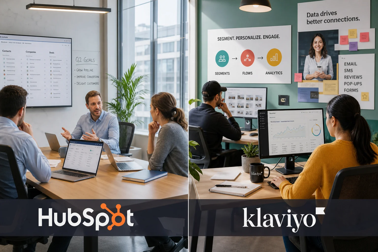 A split image shows a modern B2B sales office with teamwork and strategy on one side, and a vibrant ecommerce workspace on th