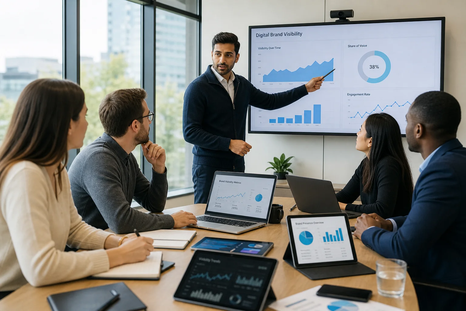 A diverse team collaborates in a bright office, analyzing data on laptops with charts displayed on a large screen.