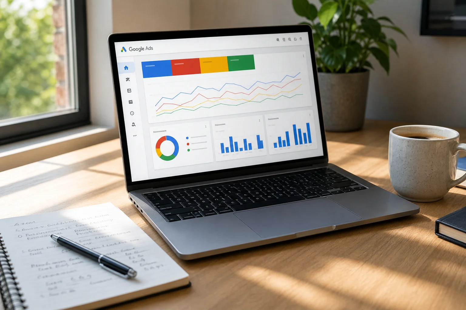 A bright, organized workspace with a laptop displaying colorful Google Ads graphs, a notepad, pen, and coffee cup, exuding pr