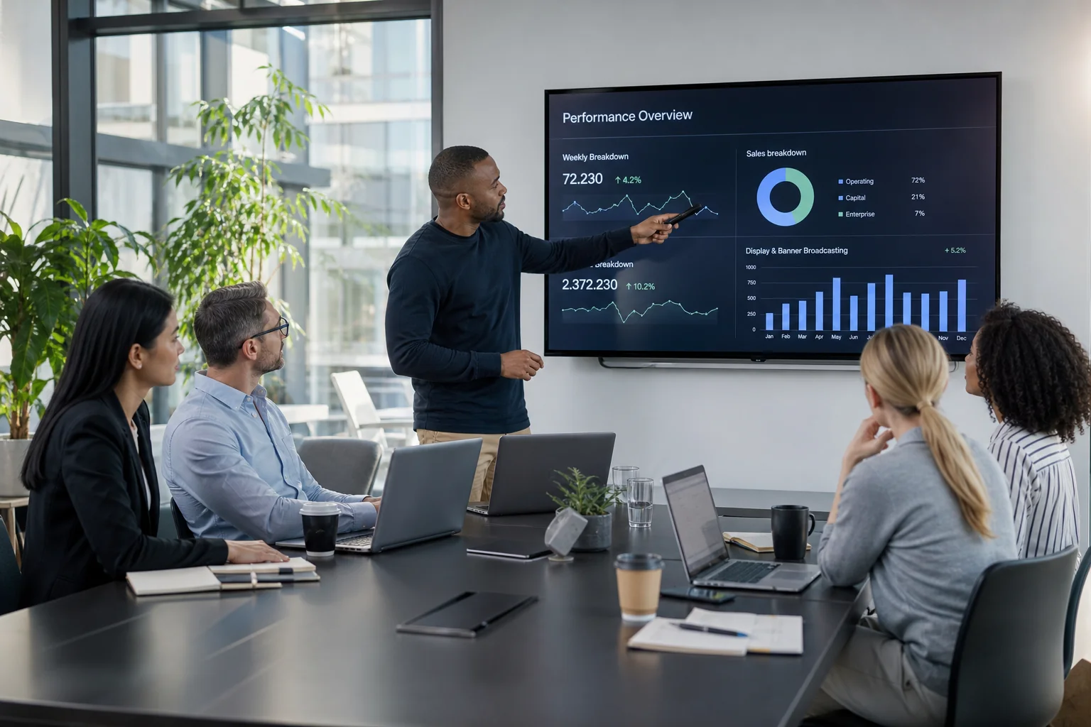 A diverse team collaborates around a sleek conference table, analyzing performance charts on a digital screen in a modern off