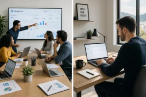 A split image showcasing a vibrant team in a modern office and a focused individual in a minimalist workspace, both analyzing