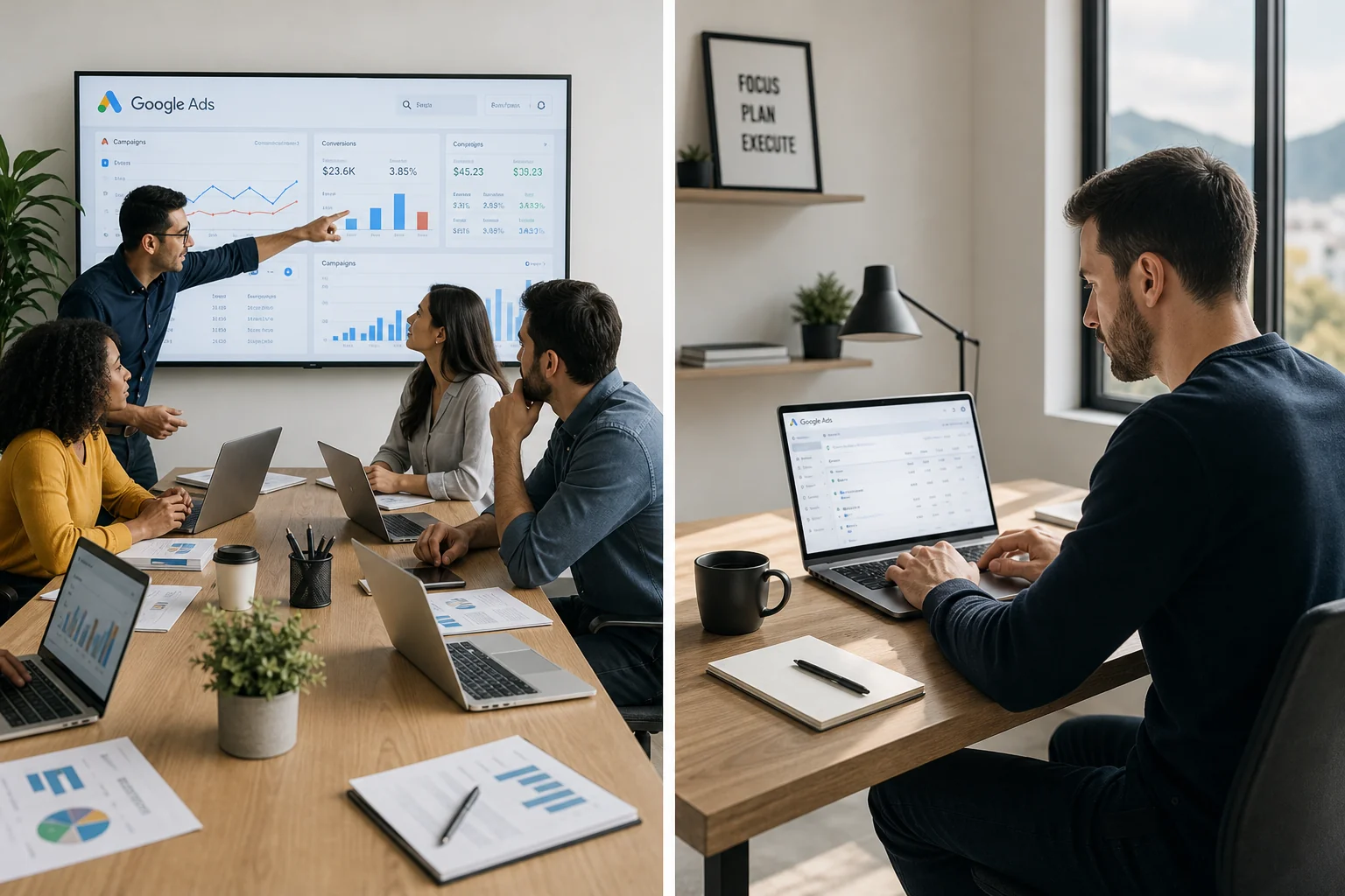 A split image showcasing a vibrant team in a modern office and a focused individual in a minimalist workspace, both analyzing