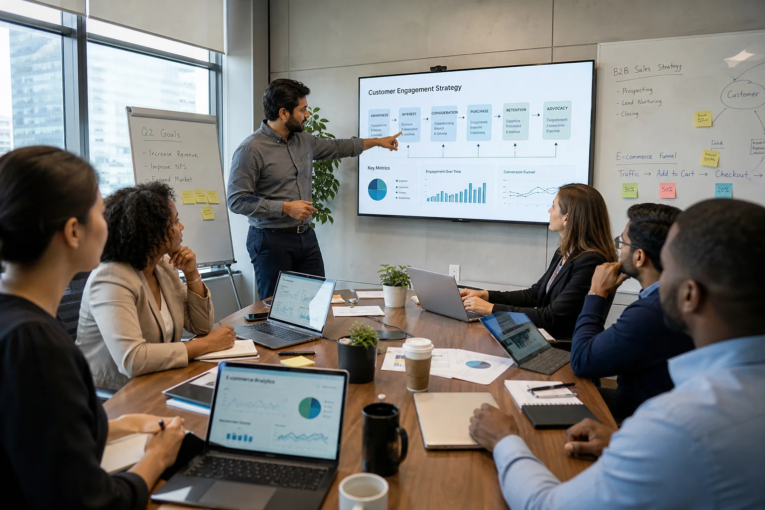 A diverse team collaborates in a modern office, discussing e-commerce strategies at a conference table with laptops and chart