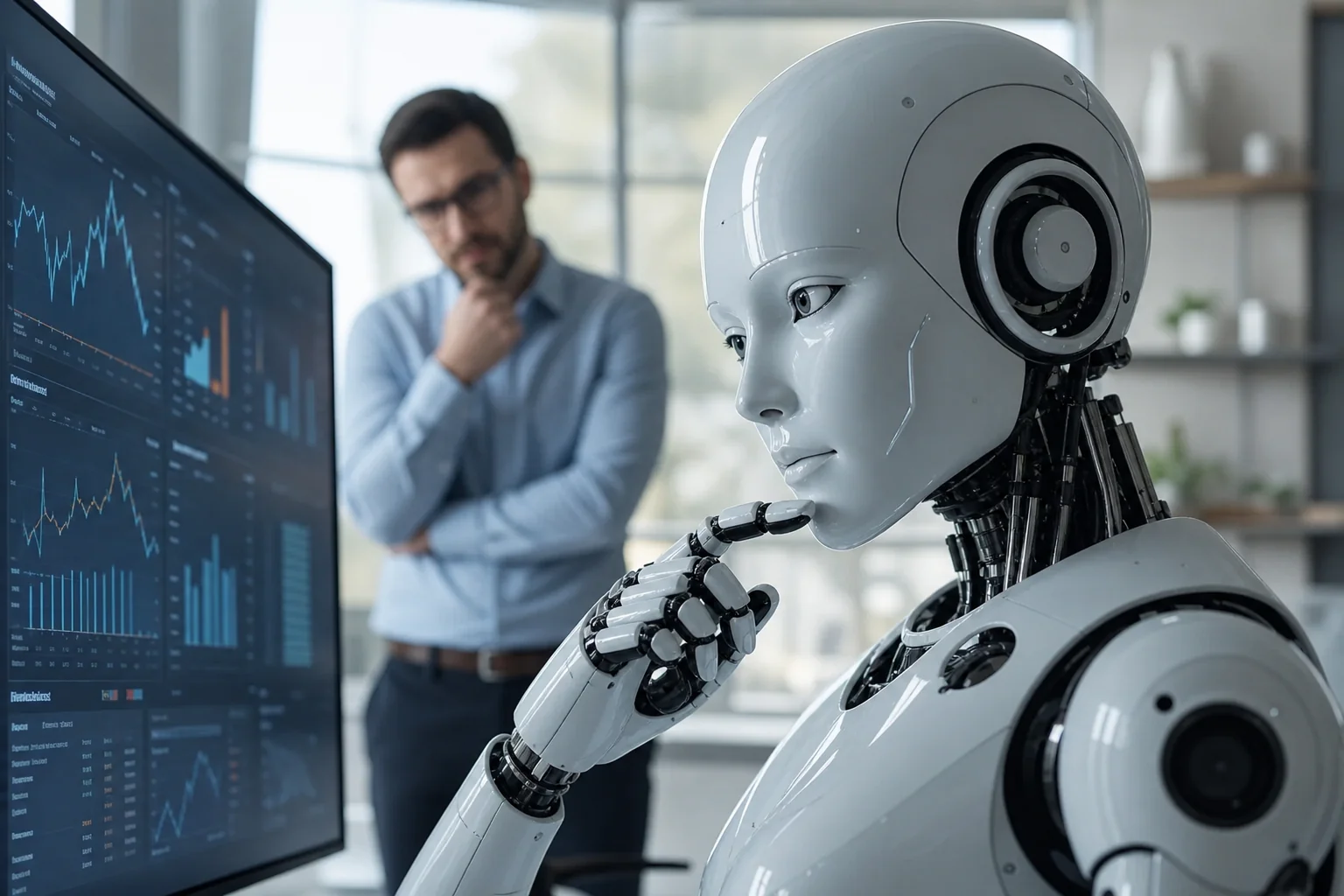 A sleek AI robot with a thoughtful expression interacts with data on a digital display in a bright office, while a human obse