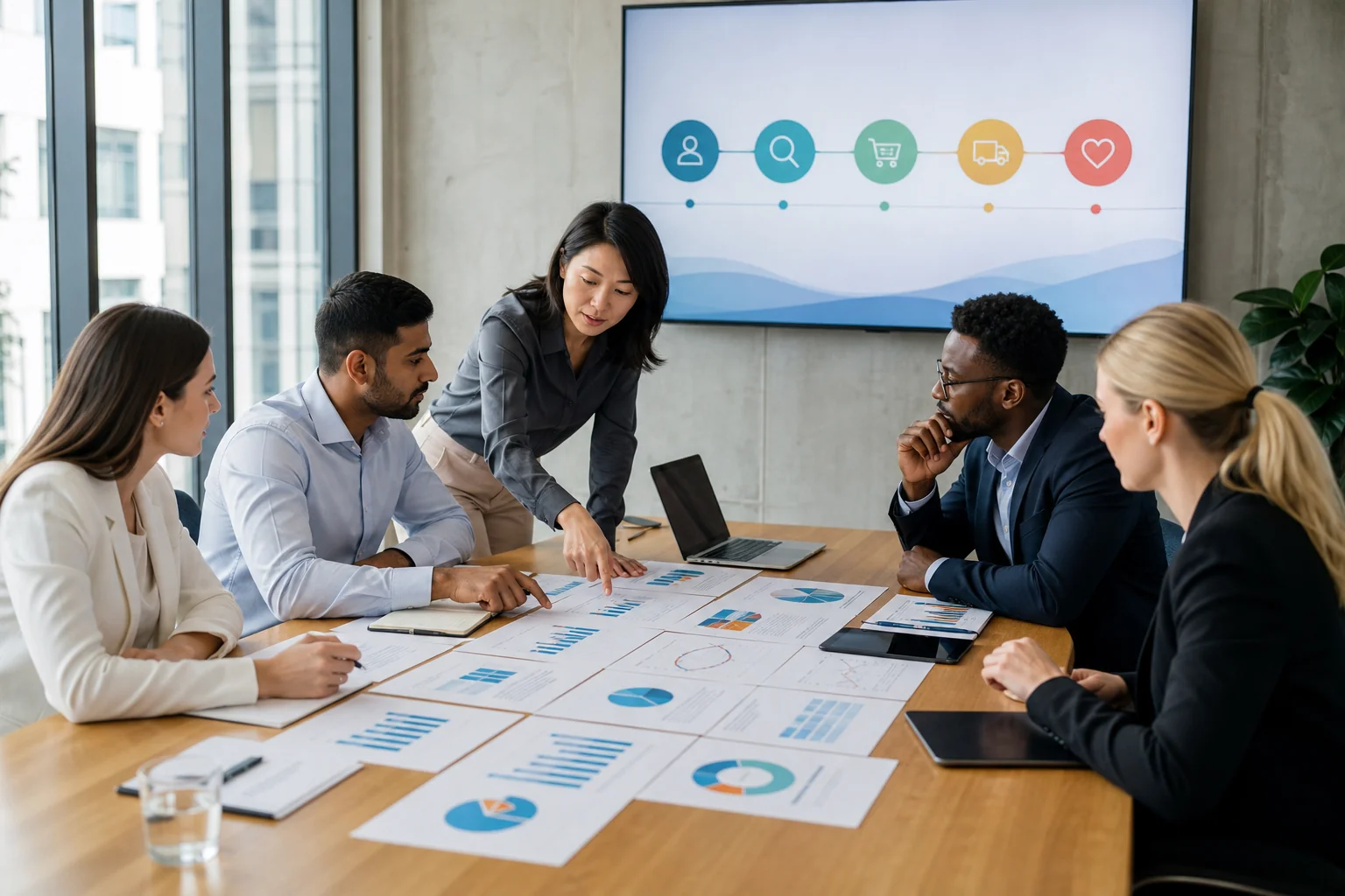 A diverse team of professionals collaborates around a conference table, analyzing charts in a bright, modern office.