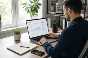 A focused professional analyzes data on a laptop in a bright, plant-filled workspace, blending digital and traditional tools.