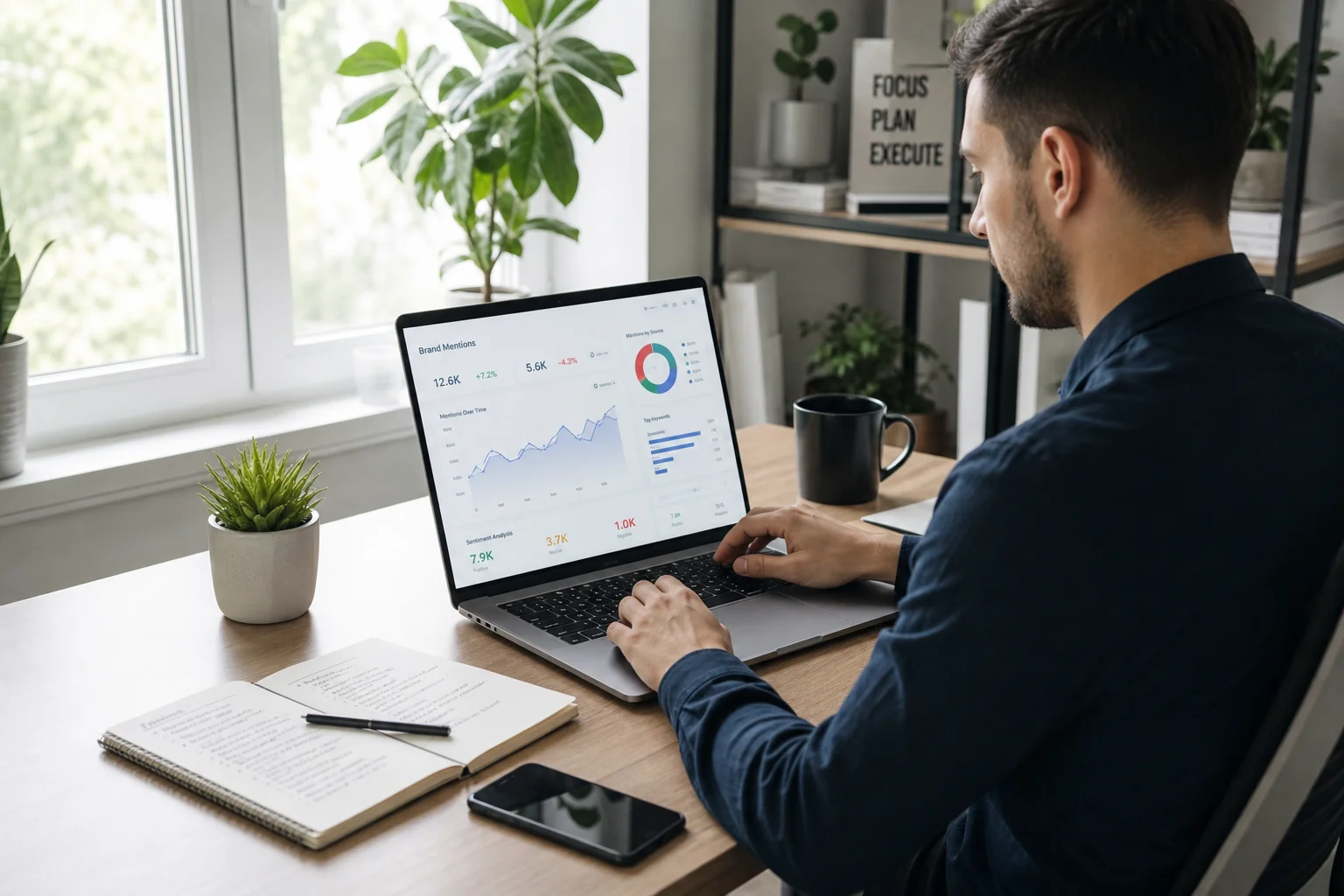 A focused professional analyzes data on a laptop in a bright, plant-filled workspace, blending digital and traditional tools.